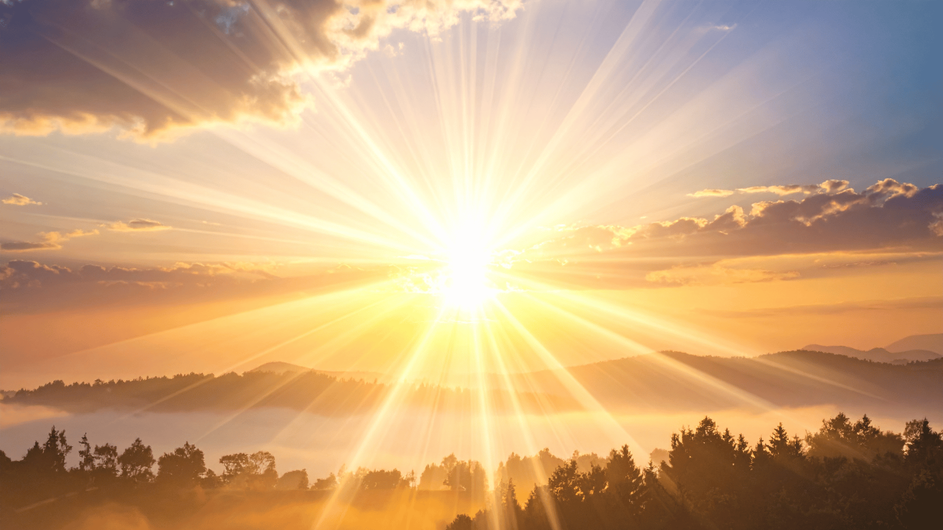 Sunrise over misty hills with radiant sunlight breaking through clouds, symbolizing innovation, sustainability and a new era in natural ingredient solutions
